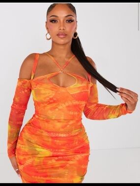 PrettyLittleThing Orange Tie-Dye Strappy Cutout Long Sleeve Dress